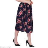 Multi-colored polyester calf-length skirt with elasticated belt, 30 inches long, featuring vibrant prints, ideal for women's fashion