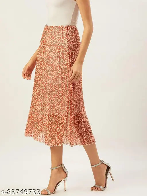 Women's flared orange and white animal print chiffon skirt, size 28 (28waist30length)