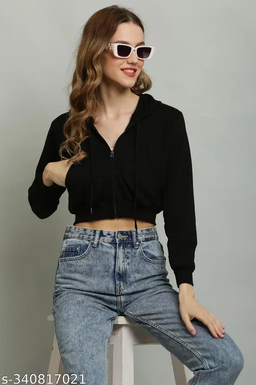 Stylish fleece crop jacket in solid color, long sleeves for women's sizes S-XXL from India