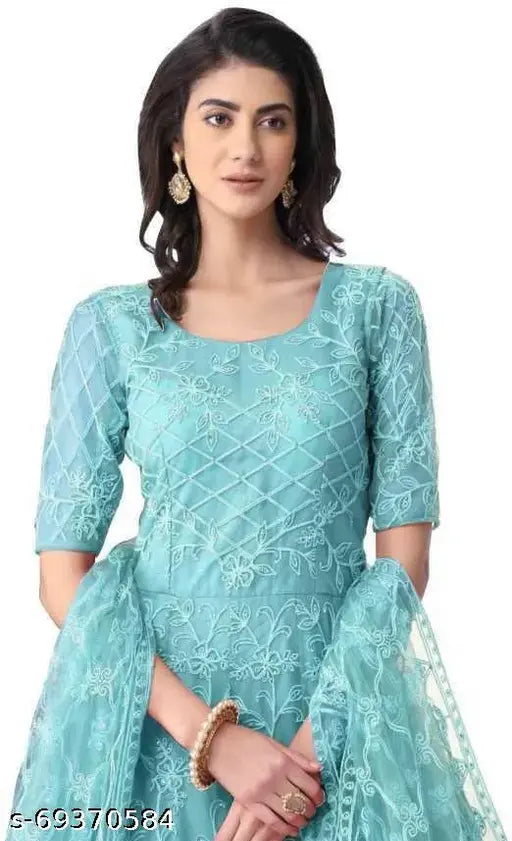 Embroidered net semi-stitched Anarkali gown Firozi, free size with short sleeves, self-design Indian fashion