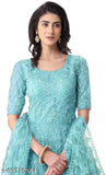 Embroidered net semi-stitched Anarkali gown Firozi, free size with short sleeves, self-design Indian fashion