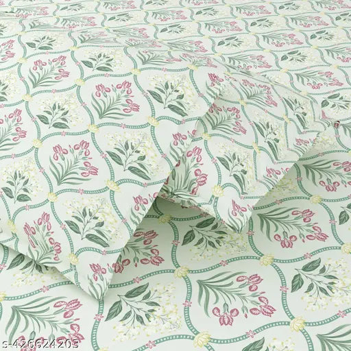 Green Blossoms floral bedsheet, 100% cotton, 186 TC, regular quality, double size (225cm x 250cm), includes 2 pillow covers, ideal for summer, machine washable