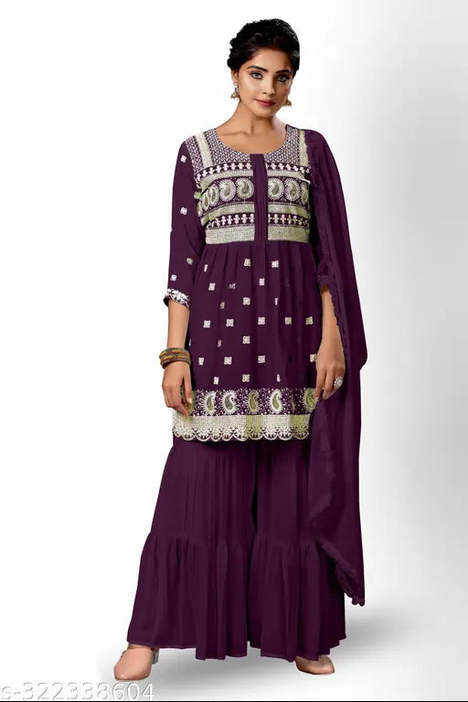 Embroidered georgette Kurta and Sharara set with three-quarter sleeves, sequined peplum design, India-origin fashion on display stand