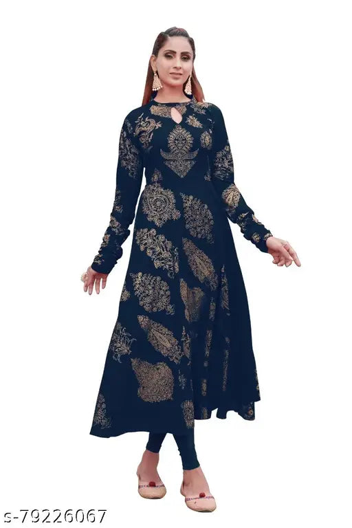 Women's rayon gown kurta, long sleeves, foil print Indian fashion on hanger