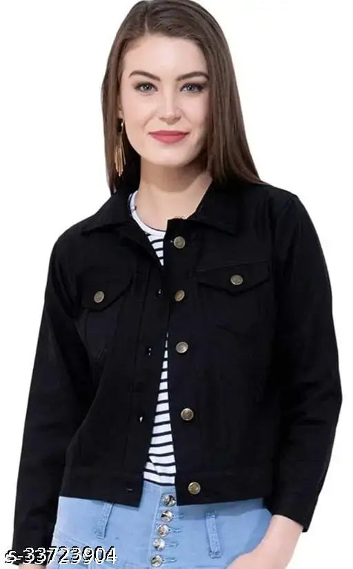 Trendy Indian-made denim jacket for women/girls in solid color, long sleeves, and regular collar