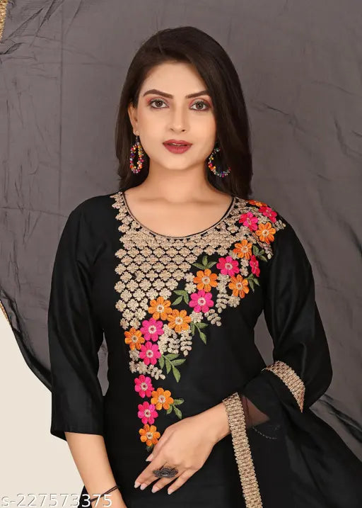 Black embroidered rayon kurta set with palazzos and dupatta for women and girls, Indian fashion on model wearing traditional attire