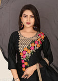 Black embroidered rayon kurta set with palazzos and dupatta for women and girls, Indian fashion on model wearing traditional attire