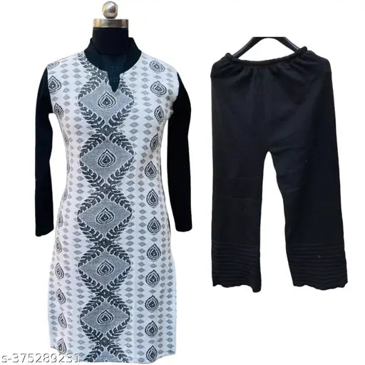 V-neck, band collar, woolen A-Line kurta with palazzos. Elegant winter wear for women, perfect for full sleeve, casual or festive occasions." (124 characters)