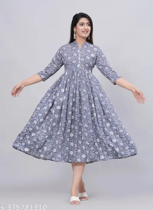 Rayon Sanganeri Print Anarkali Kurti, three-quarter sleeves, embroidered traditional Indian women's wear for size S to XXXL