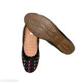 Black textile embellished multi belly for girls and women, closed back with comfortable non-slip sole for daily wear. Available in sizes: IND-5, IND-6, IND-7, IND-8. Made in India