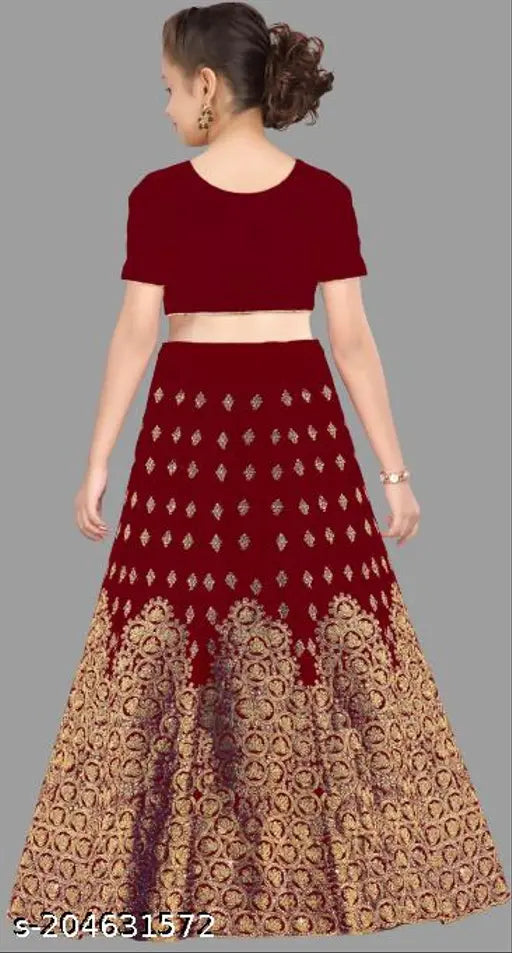 Red taffeta silk Lehenga Choli wedding wear for kids, featuring embroidered details and net Dupatta. Traditional Indian ethnic party wear for ages 4-15 years