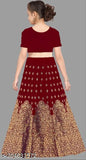 Red taffeta silk Lehenga Choli wedding wear for kids, featuring embroidered details and net Dupatta. Traditional Indian ethnic party wear for ages 4-15 years