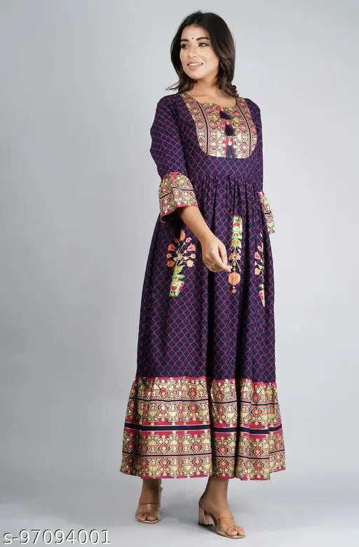 Blue rayon kurti with printed combo, three-quarter sleeves by Maira Fashion for Indian women's fashion