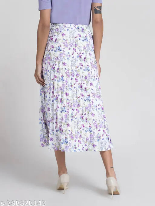 Stylish women's A-line crepe skirt with floral print, midi length, modern elegance wardrobe essential