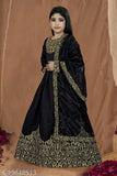 Yellow polyester embroidered long gown for kids, perfect for parties and weddings. Beautifully crafted Georgette work gown with matching dupatta