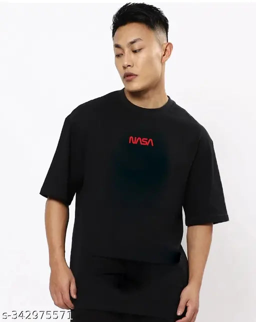 Cotton down shoulder t-shirt, three-quarter sleeves, printed panda design, men's oversized style, India origin
