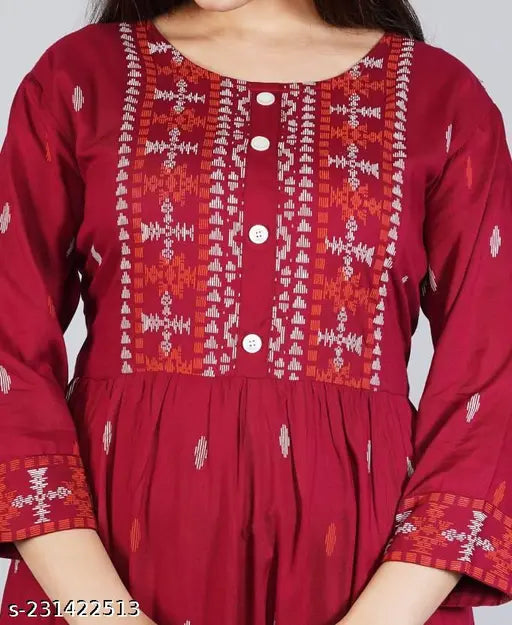 Rayon printed blend straight kurti with three-quarter sleeves, vibrant Indian design, size S-XXXL
