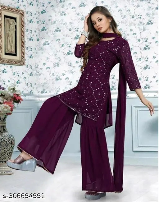 Solid Georgette Sequence Work Kurta Set with Dupatta & Sharara (Sleeveless, Embroidered), Perfect for Festivals & Occasions