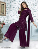 Solid Georgette Sequence Work Kurta Set with Dupatta & Sharara (Sleeveless, Embroidered), Perfect for Festivals & Occasions