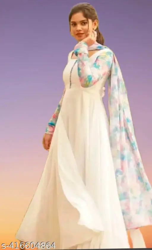 White georgette kurti with long sleeves, solid pattern, available in sizes S-XXL. Color may vary due to lighting or display settings