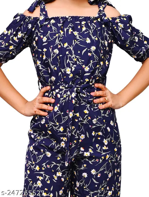 Trendy printed flower navy crepe jumpsuit, multiple sizes 8-13 years, Indian cotton blend fashion