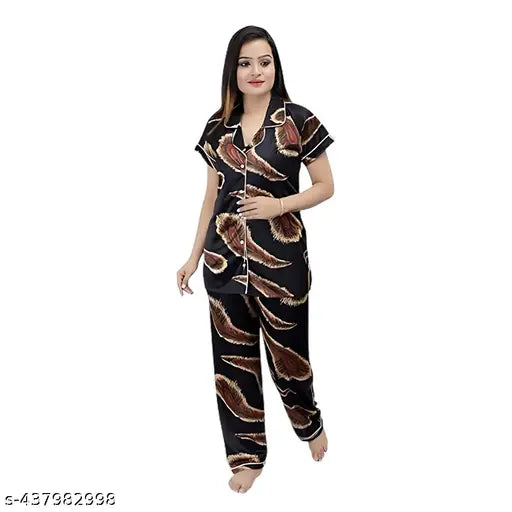 High-quality printed black satin women's & girls nightsuit set, machine washable