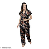 High-quality printed black satin women's & girls nightsuit set, machine washable