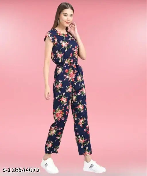 Classic printed crepe sleeveless women's jumpsuit, Indian-made fashion for size S, M, L, XL