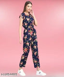 Classic printed crepe sleeveless women's jumpsuit, Indian-made fashion for size S, M, L, XL