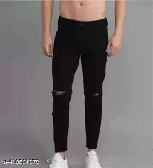 Black denim jeans for men with knee cut detail, solid pattern, by Shriradhe Enterprises. Perfect fit for any occasion, size 30 waist, 39 length. Made in India