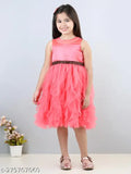 Pink net ruffle knee-length party dress for kids, embellished with frills and suitable for ages 1-6 years