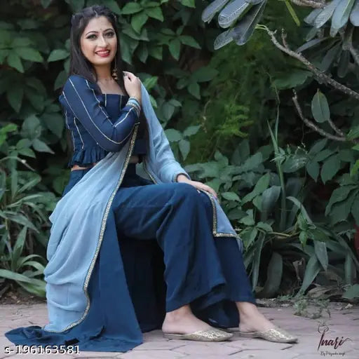 Teal blue rayon palazzo set with dupatta for women, printed and stitched in India