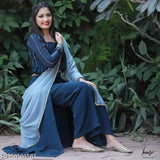 Teal blue rayon palazzo set with dupatta for women, printed and stitched in India