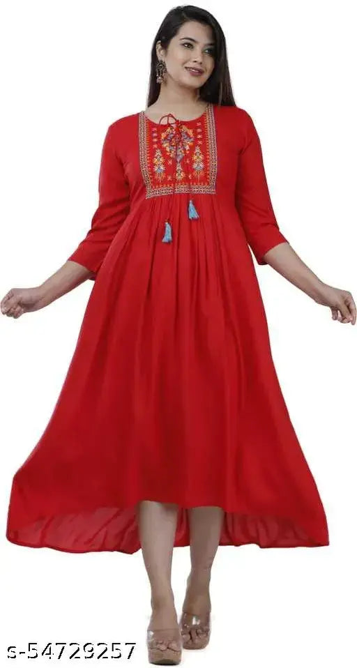 Rayon red embroidered Anarkali Kurta, Indian women's party wear, Three-Quarter sleeves