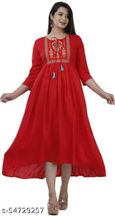 Rayon red embroidered Anarkali Kurta, Indian women's party wear, Three-Quarter sleeves