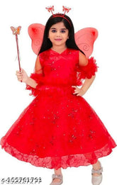 Red bamboo straight frock with printed pattern, trousers bottom and sleeveless design. Includes matching dupatta. For children's fashion, ages 2-11 years. Indian-made
