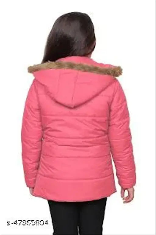 Peach nylon jacket for girls, solid pattern and long sleeves, size 5-6 years, India origin