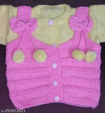 Hand knitted wool dress set (sweater, cap, booties) for 6-12 month infants - soft, self-designed wool outfit from India