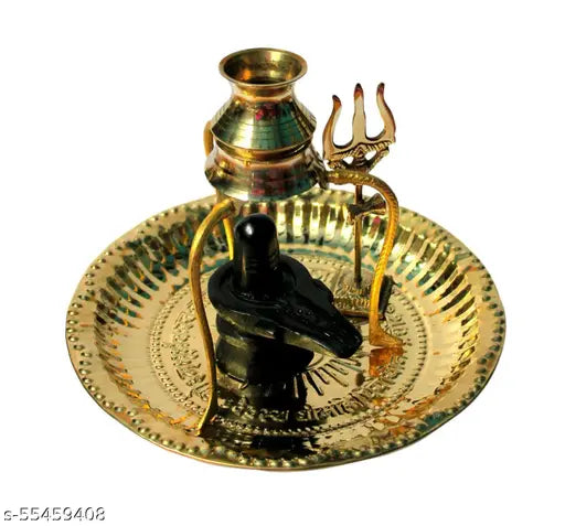 Golden Marble Shivling with brass pooja plate set, includes stand and abhishek lota kalash. Indian God idol for home puja (LxBxH: 18x18x16cm)