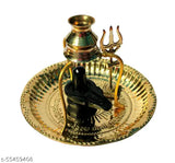 Golden Marble Shivling with brass pooja plate set, includes stand and abhishek lota kalash. Indian God idol for home puja (LxBxH: 18x18x16cm)