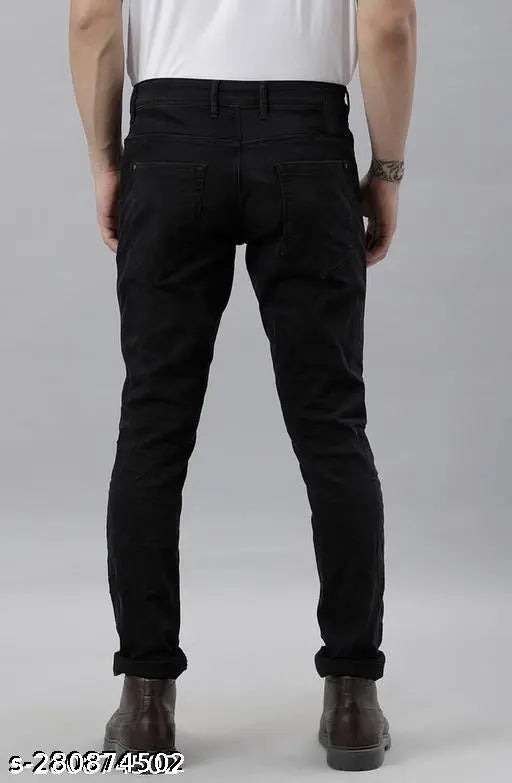 Black polycotton men's jeans by RusticBloom - slim, stylish, and comfortable for a mid-rise fit, available in sizes 26, 28, 30, 32 (inseam: 39 inches)