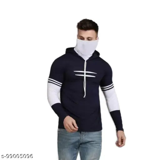 Navy blue cotton blend long sleeve solid color trendy mens pullover hoodie with built-in mask