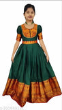 Silk traditional Indian ethnic gown with short sleeves, suitable for kids events. Elegant kid's gown (with belt) in solid pattern, inspired by Indian motifs