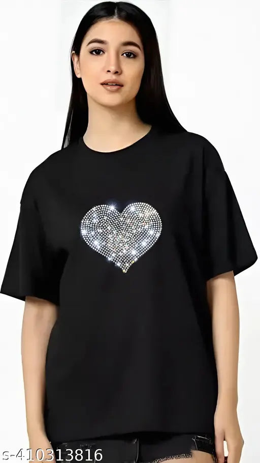 Pure cotton oversized glittering rhinestone heart-design T-shirt for summer festivals and discotheques, loose-long baggy fit with drop shoulders