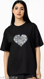Pure cotton oversized glittering rhinestone heart-design T-shirt for summer festivals and discotheques, loose-long baggy fit with drop shoulders