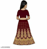 Embroidered satin lehenga choli with net dupatta for girls ages 2-16, Indian traditional clothing on display