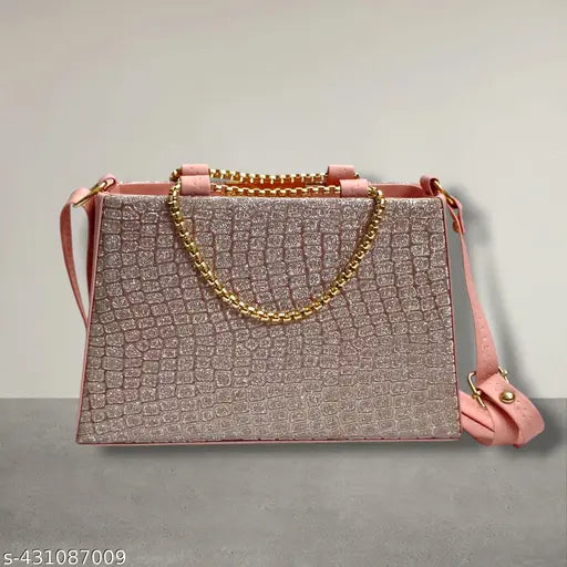 Embellished PU cross-body sling bag for women, free size, 2 compartments, intricate detailing, gold chain strap, India origin