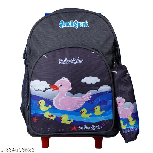 Grey waterproof trolley bag, 20L Indian Riders Girls Cute Duck School Kids Bag with pencilbox. Durable polyester net material, adjustable straps, and spacious design for daily use. Perfect for schoolwork storage and travel for toddlers aged 2-8 years