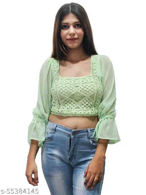 Green Georgette square neck top & tunic with lace net detail, suitable for slim women