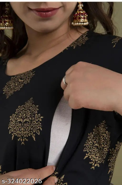 Rayon maternity kurti set with zip, three-quarter sleeves, printed pattern for women's partywear and feeding kurtis